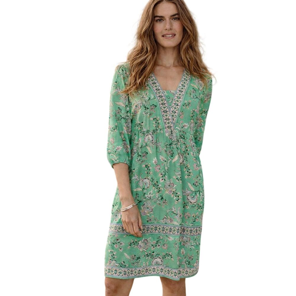 J Jill Green Floral Dress Border Print Flounce Hem Boho Flowy Casual Size XS